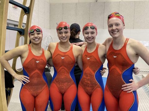 Junior Mia Augustine and freshman Parker Schmieding, Addisyn Storms, and Kindsey Joyce break the Millard South school record for the girls 200 Medley Relay with a time of 1:50.37 at the girls prelims portion of the Metropolitan Conference Meet. 