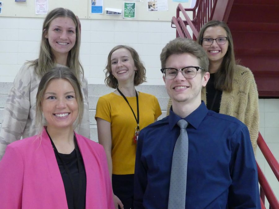 (Clockwise from left) Student teachers Morgan Kroll, Alexa Luther, Maddie Robertson, William Synowiecki, and Taylor Perry