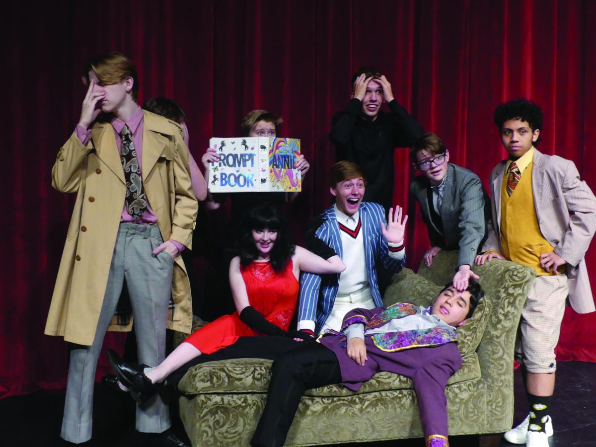 Front: Matthew Qualseth as Inspector Carter, Alexa Leiting as Florence Colleymore, Aden Williams as Cecil Haversham, Alain Trejo as Charles Haversham, Jacob Rudloff as Perkins, Tranq Queral as Robert Colleymore
Back: Zach Nelson as Trevor th eSound Tech, Phoenix Nehls as Annie the Stage Tech, and Jonathan Spieler as Stage Crew. 