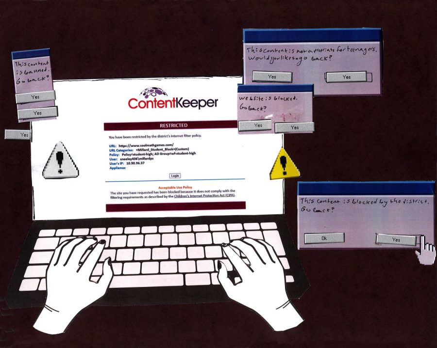 Warning and error symbols surround hands typing at a computer, as a student tries to access a  blocked website.