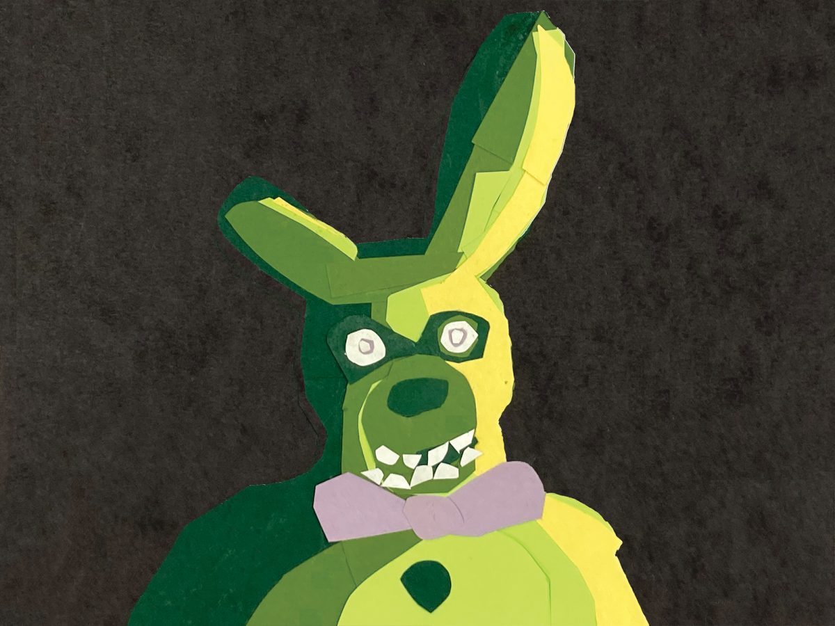 Artist statement: This was made by layering several shades of green and yellow paper to make a movie accurate Springtrap. 