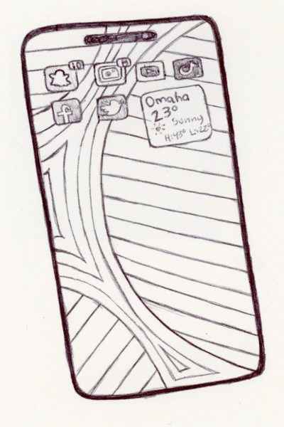 Artist Statement: Outlined with a ballpoint pen, I drew a phone (using my own as a reference) showing the applications that are used by the majority of people. The idea was given to me from Jocelyn after conducting a data chart demonstrating the percentage of people using specific apps. 