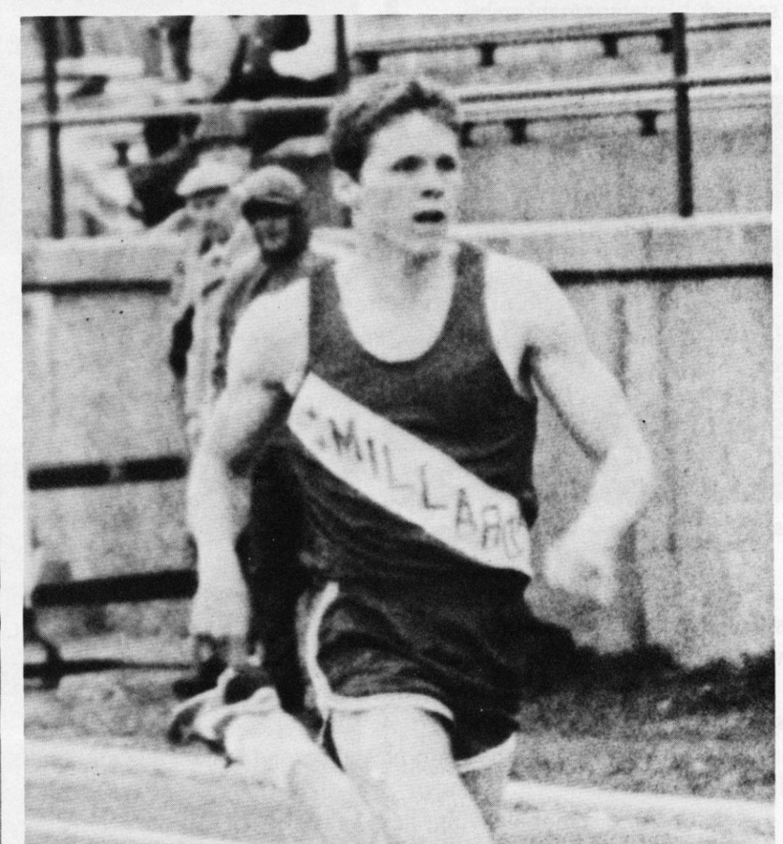 Sprinting toward the finish, senior Jim Sutfin breaks away from the pack for a spectacular performance. Sutfin was a double gold medal winner at State. Photo by Michelle Longa. Photo and caption from 1985 MSHS yearbook.