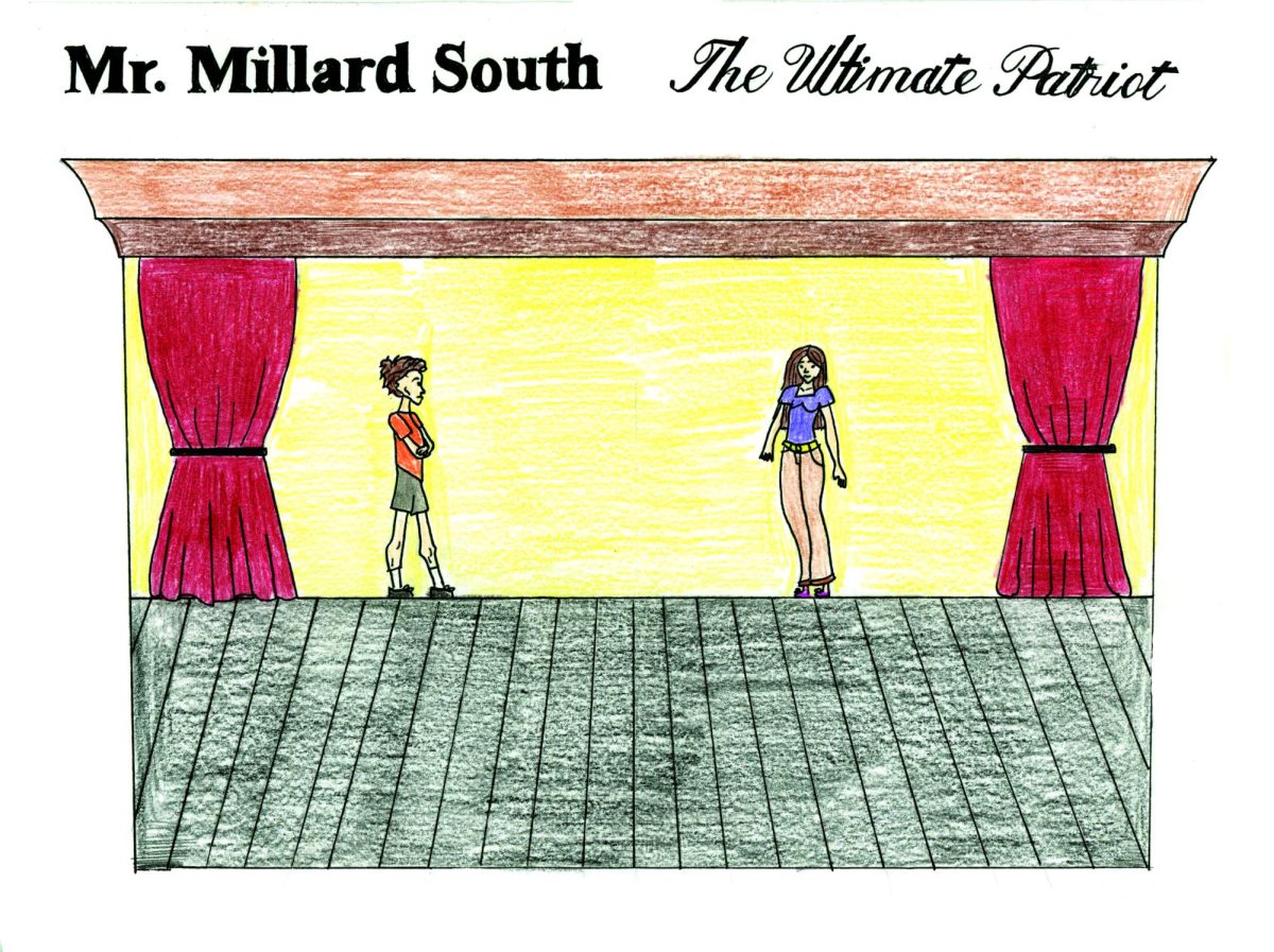 Artist Statement: This artwork is a representation of the event called Mr. Millard South transitioning to The Ultimate Patriot, which is nonexclusive and can have girls now. I used colored pencils and black marker to create this piece. I choose the different fonts because I wanted to use a more bold straight font for the Mr. Millard south because its more of a stern font, while on the girls side its more light and free, just to show its becoming something new.  I learned that since I scan my artwork, yellow colored pencil is not the best for a background since it  looks patchy. If I added more I would add more people in the background, and change the colored pencil to marker. 