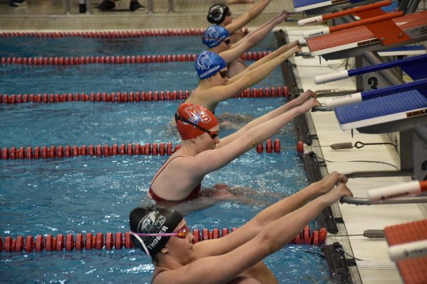 Junior Kindsey Joyce about to push off from the blocks into her 100 backstroke at the Millard South Invite. Photo courtesy of Robin Thoms.