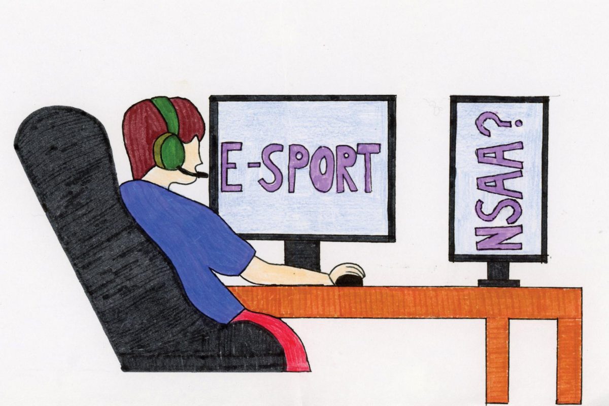 II started drawing this in a sketchbook, with the idea of having a gamer playing video games, and putting esports in the main computer screen, and NSAA? in a smaller monitor since it was another big statement in the article. I outlined it in black so it was clean and used a combination of colored pencils and markers so the image would pop and be solid. The idea of the way I set this up was original. 