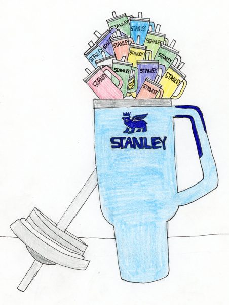 I decided to use blue because I feel like it was a very popular color, and the stanleys spilling out the top represent just how obsessed people are with them. I used a refence picture for the large Stanley, but I pulled the little ones out of my imagination, and I decided to use colored pencil because I could get the right shades for the colors I needed I know I love my Stanley and many people love theirs too. 