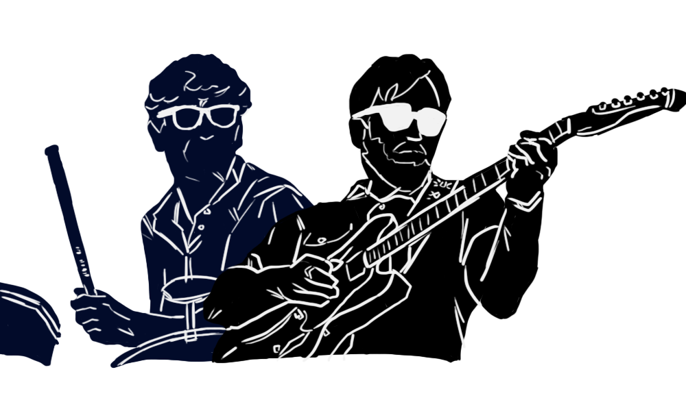 Artist Statement: Making review art with the musicians in photonegative / silhouetted against the background is a concept that Ive been kicking around in my head for a while now. I got to two separate images of the members of the Black Keys (Pat Carney on the right, Dan Auerbach on the left), put them on the same canvas, made them semi-transparent, filled in their forms with dark colors, and outlined the details in white. Created, as always, with digital illustration tools in Photoshop, which was especially helpful in isolating and manipulating the layers so I could get the desired effect. 