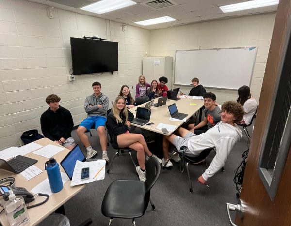Mrs. Bonns AP Calc BC class continues to work on their final project in the counseling center during the tornado warning.