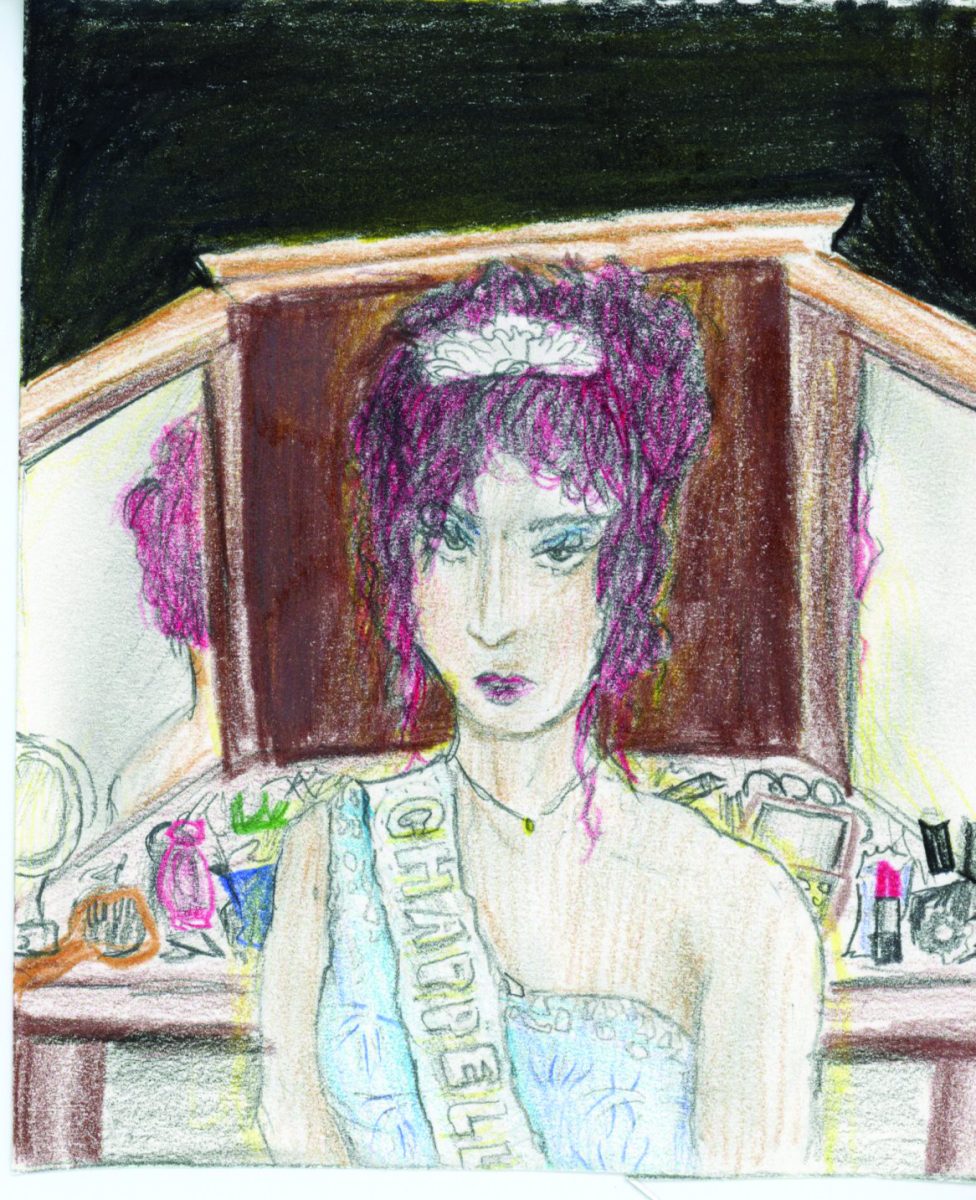 I referenced the art from the Rise and Fall of A Midwest Princess album, using colored pencils. Digitized with a flatbed scanner and contrast edits.