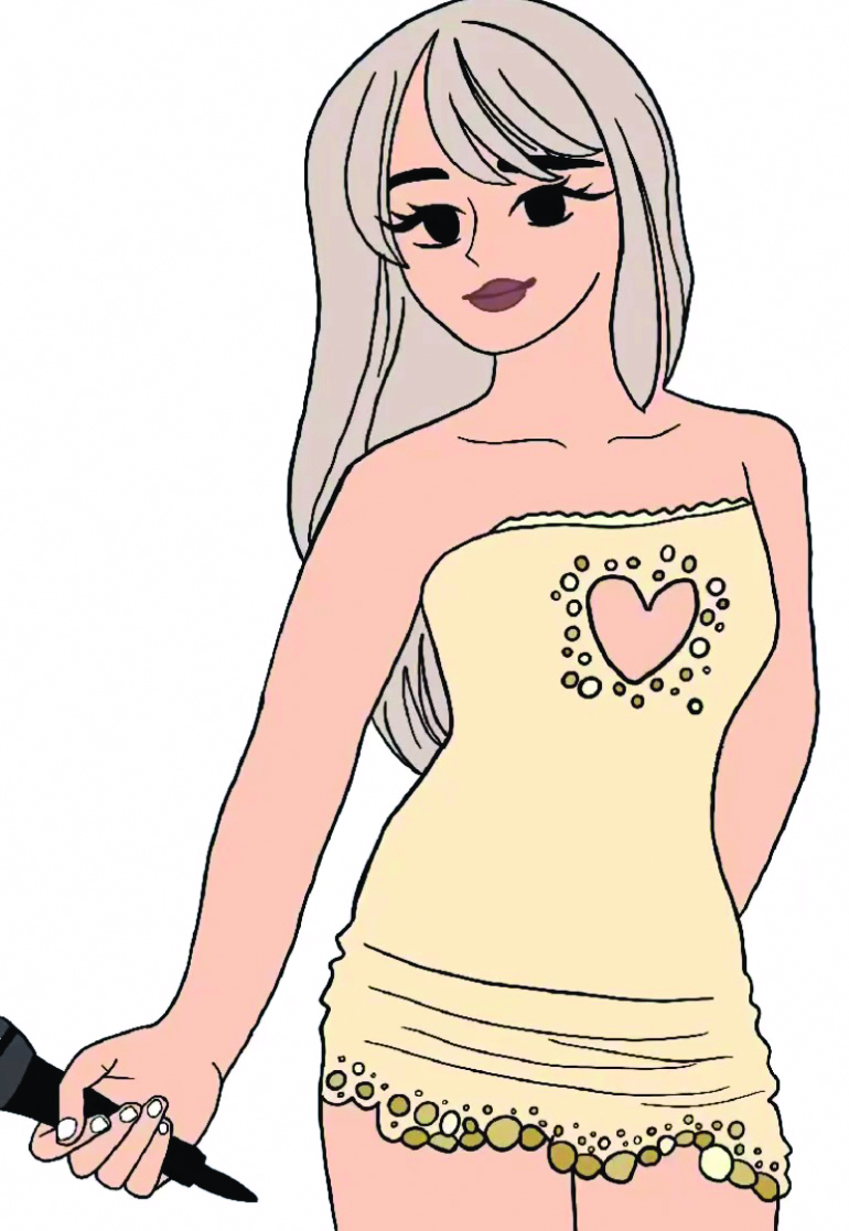 Art by Halle Hinton
A photo of Sabrina in her iconic yellow heart dress. I used a reference photo from Pinterest that I looked at while sketching the design.