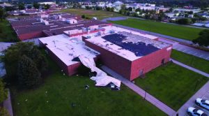 Photograph from a drone of the roof over the gym at Millard North Middle after the July 31st storm. Courtesy of Rebecca Kleeman
