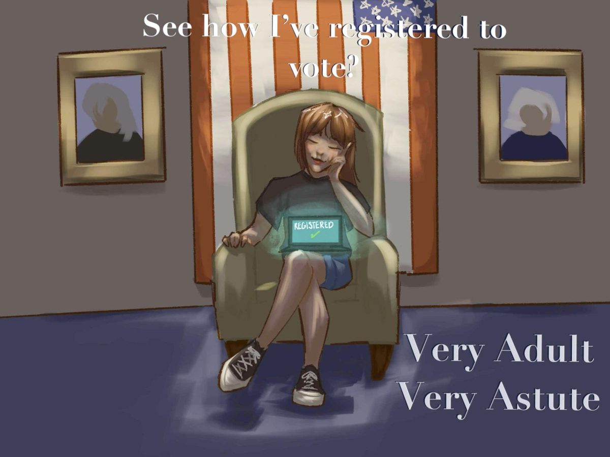 Artist Statement: For image I dramatized the concept of voting by depicting a girl very properly sitting in a chair in dramatic lighting after registering to vote. Playing into the voting theme by making the background more presidential. I also played into the "very demure" trend but altered it to fit the topic. The image was drawn in procreate with no references used.