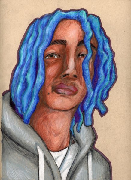 Artist statement: I created a portrait using a photo reference. I used colored pencils for the main coloring and markers for outlining.