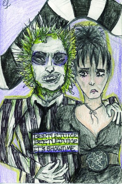 Artist statement: Character design from Beetlejuice movies. Used colored pencil and lineart pens in sketchbook. Scanned on a flatbed scanner and adjusted the contrast in PhotoShop. The elements stemmed from the plot and base of the sequel. 