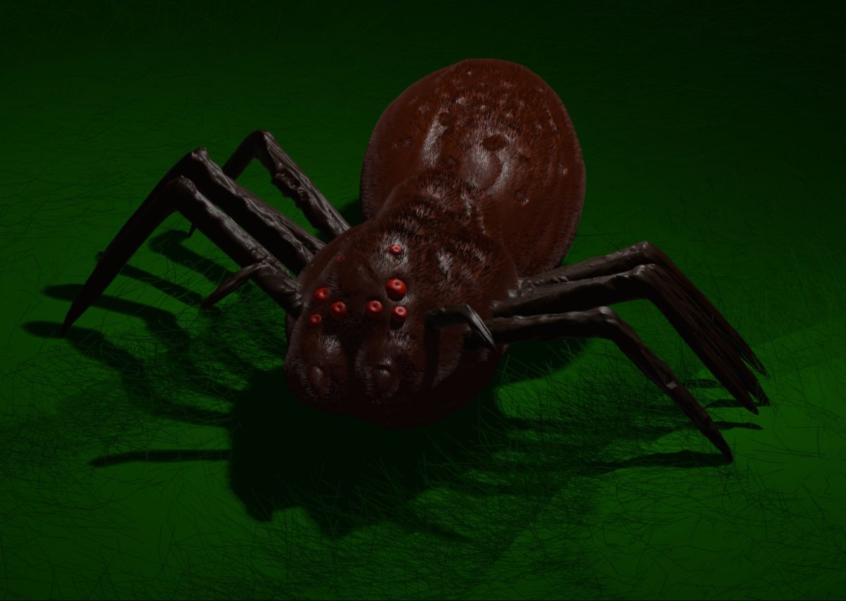 Artist Statement: I came up with this idea from the poll we sent out. The most voted fear was spiders, but I also noticed trypophobia and fear of the ocean. The trypophobia response gave me the idea to put holes in the spider's back and I was originally going to incorporate water into it, but I wasn't sure how. I 3D sculpted this in Blender. This was actually my first time using the application, or even 3D sculpting at all. I'm pretty proud of it. I do wish that I could've added more variation to colors and the landscape.