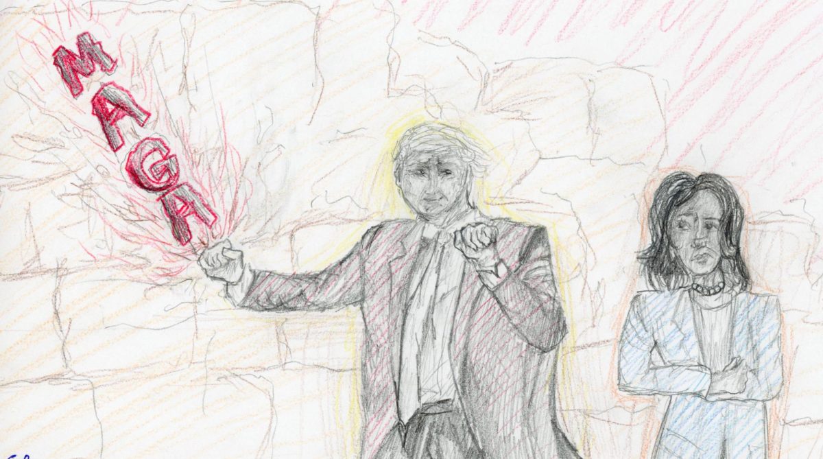 Penciled drawing depicting both canidates in semi-realistic art style, with a setup of Trump breaking the wall of competition.