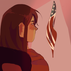 Artist Statement: Drawn with IbisPaint X without a reference photo. I came to the idea of the piece while looking at the flag in my own classroom. The way the student is positioned you can not tell if she is sitting or standing