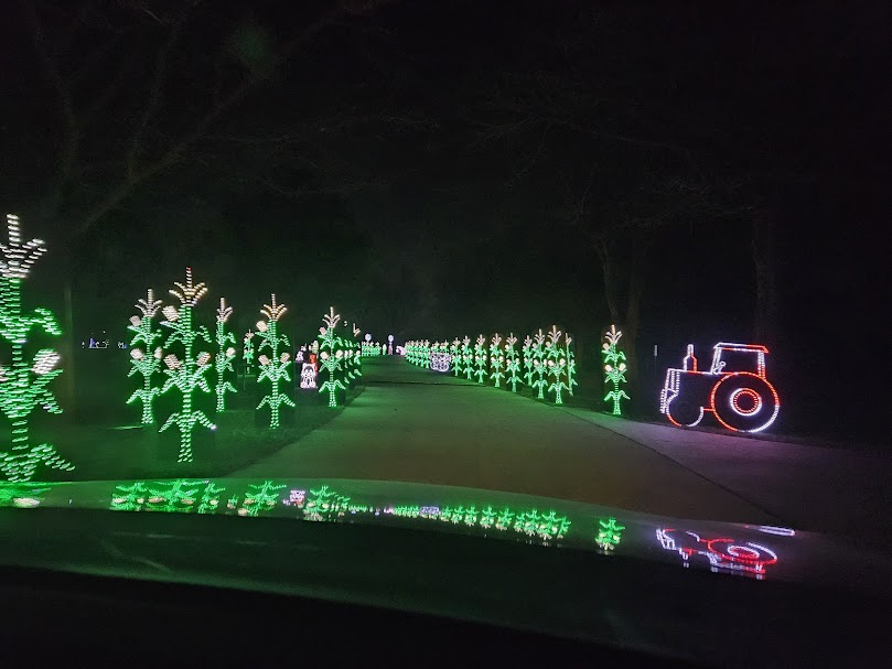 View out the car window a of row of light up corn stalks