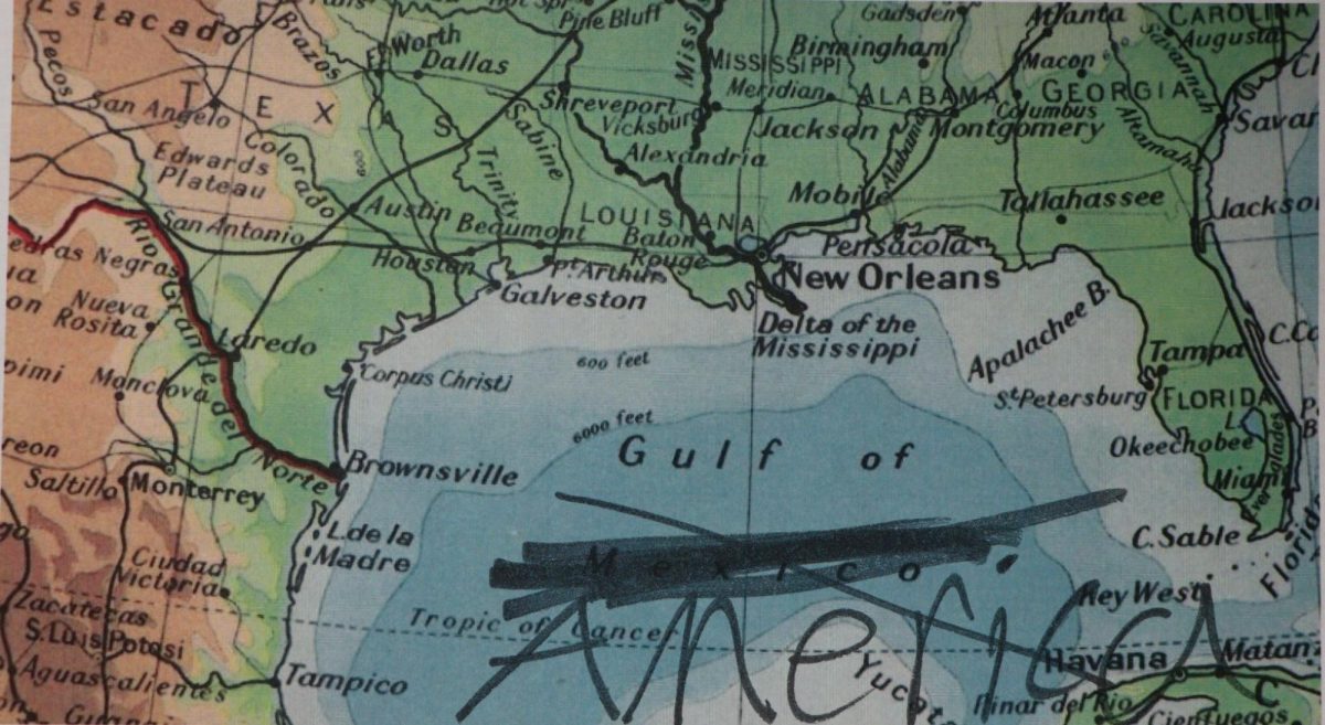 Artist statement: I printed out a map and cut it down to include the Gulf Of Mexico and rewrote Mexico to America