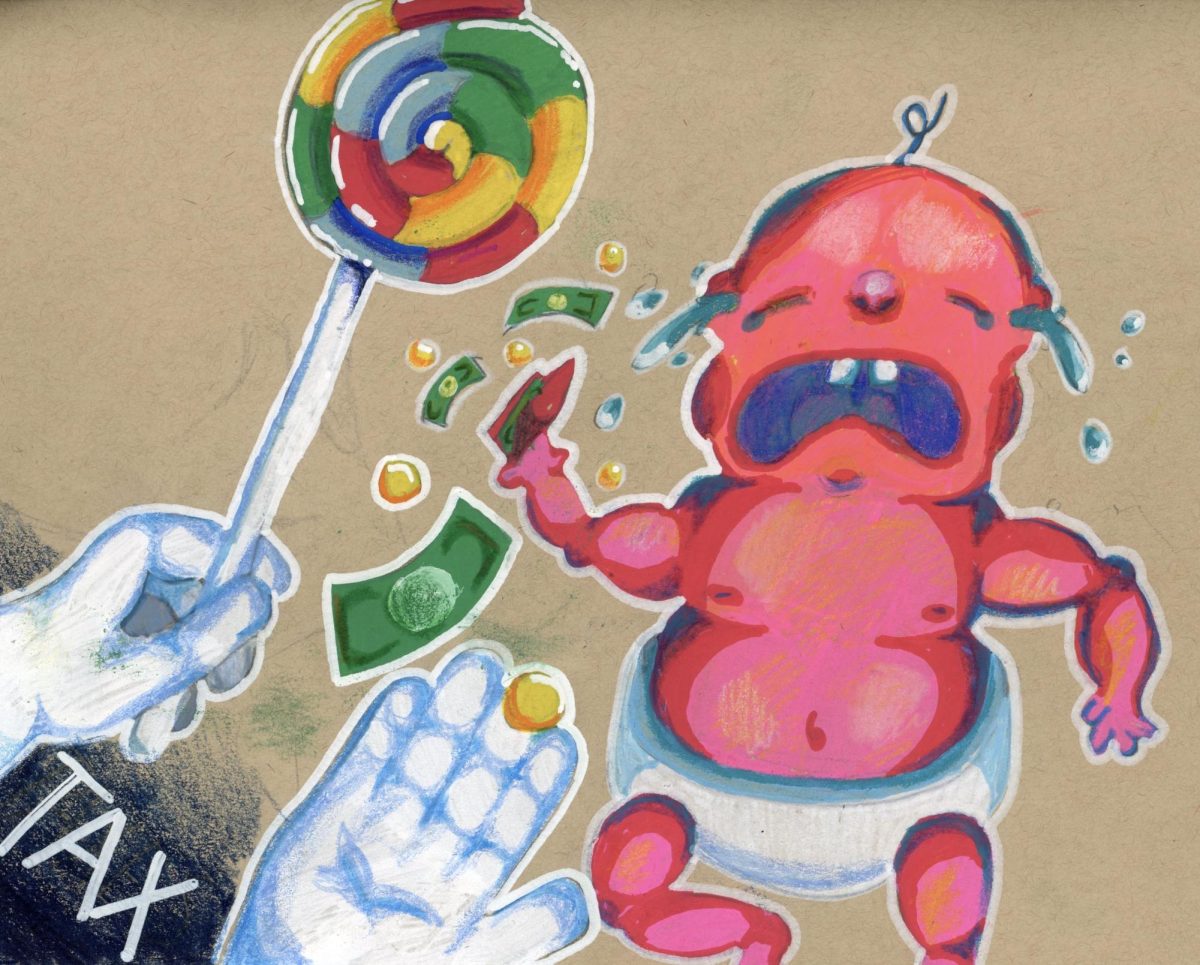 Artist Statement: When I heard about the bill, I immediately thought of the phrase "taking candy from a baby" and that is the idea that I ultimately went with. I made this illustration in my sketch book by layering colored pencils on top of paint markers. I was a bit limited on what colors I had available, so I chose a more cartoonish style of coloring and shading. I did not use any reference photos or other sources to come up with my idea. After I was finished, I scanned it on a flatbed scanner and converted it to a .jpg