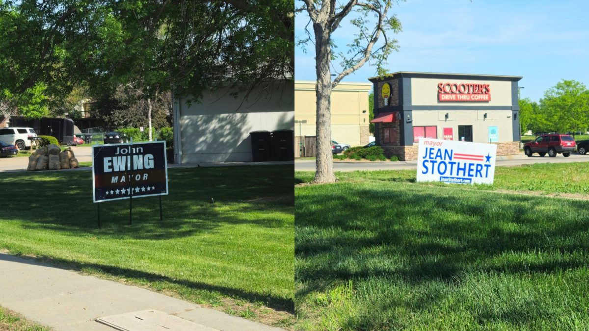 John Ewing for mayor sign (left) and Jean Stothert for mayor sign (right)