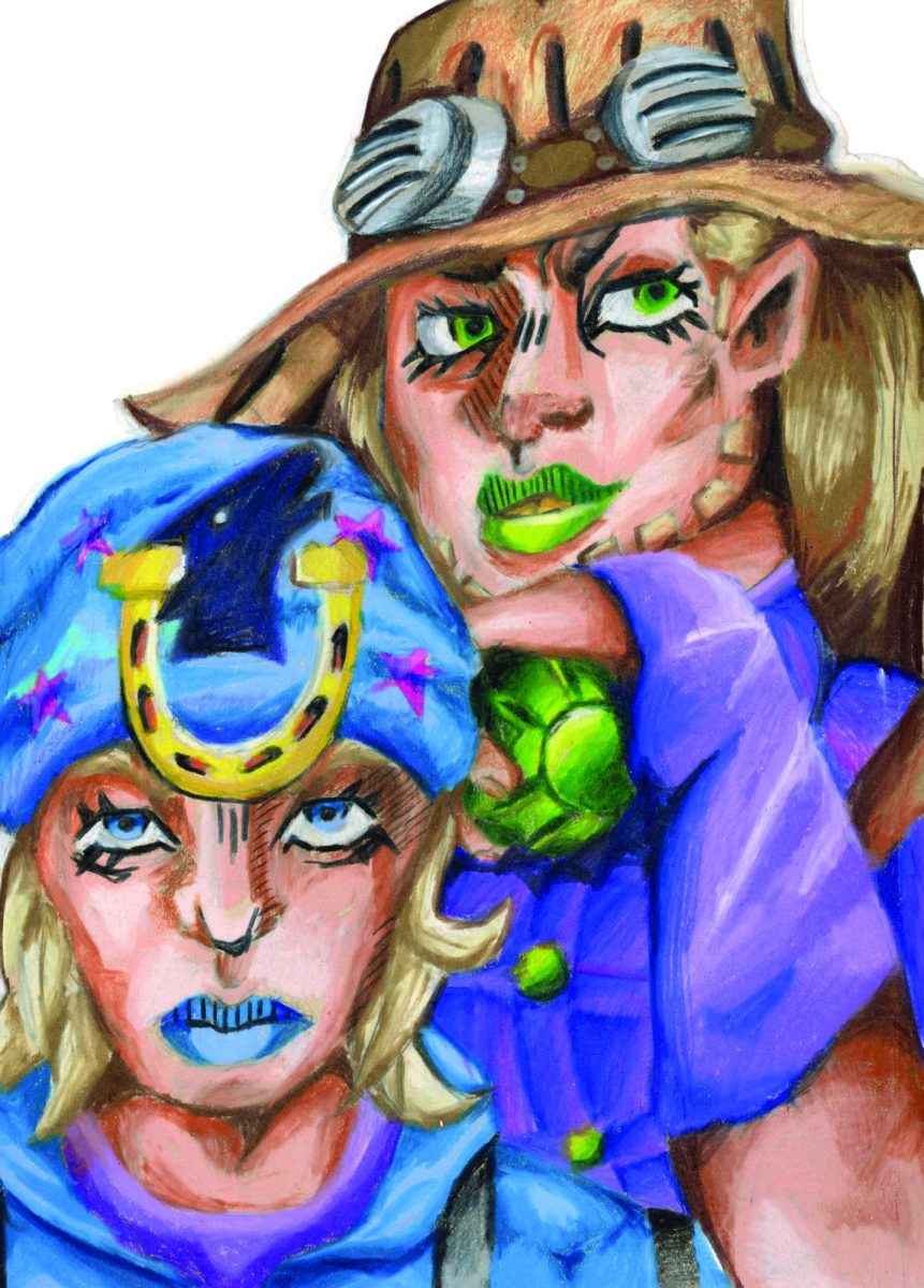 I looked at reference of the characters from the show, but drew them using colored pencils and paint markers in my own sort of style on toned sketchbook paper.