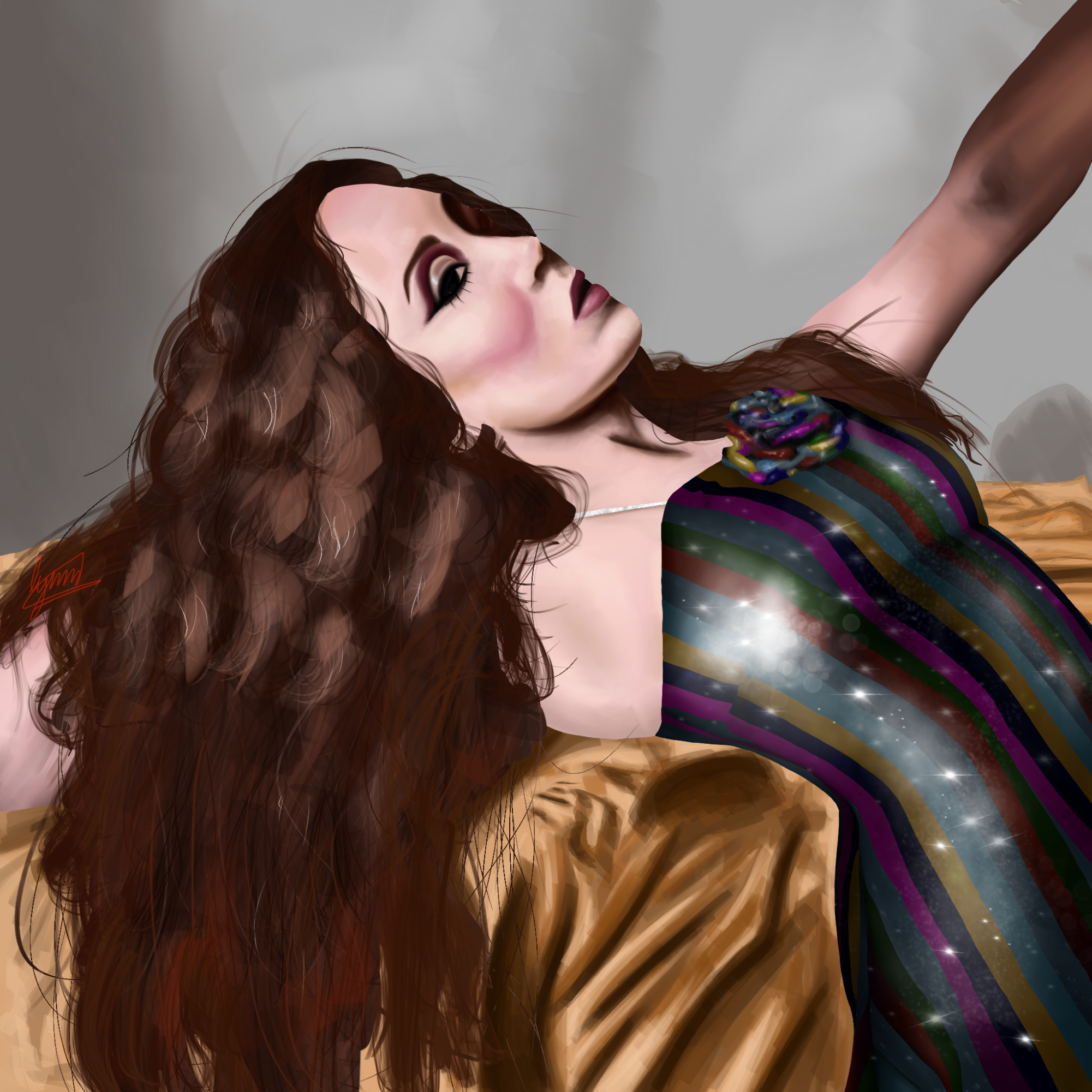 Artist Statement: It took me a few days to draw this and I started on the bus ride to Norfolk for the NSAA State Journalism Contest. I made it on Procreate using my iPad. I think the dress was the hardest part for me because of all of the sequins on it and I'm not really sure how to draw that, so I added a lot of shine instead. The flower was kind of hard too because of all the small details in it. The face was the easiest part because I love doing faces. The background didn't take a long time and I'm very happy with how the yellow cloth turned out.