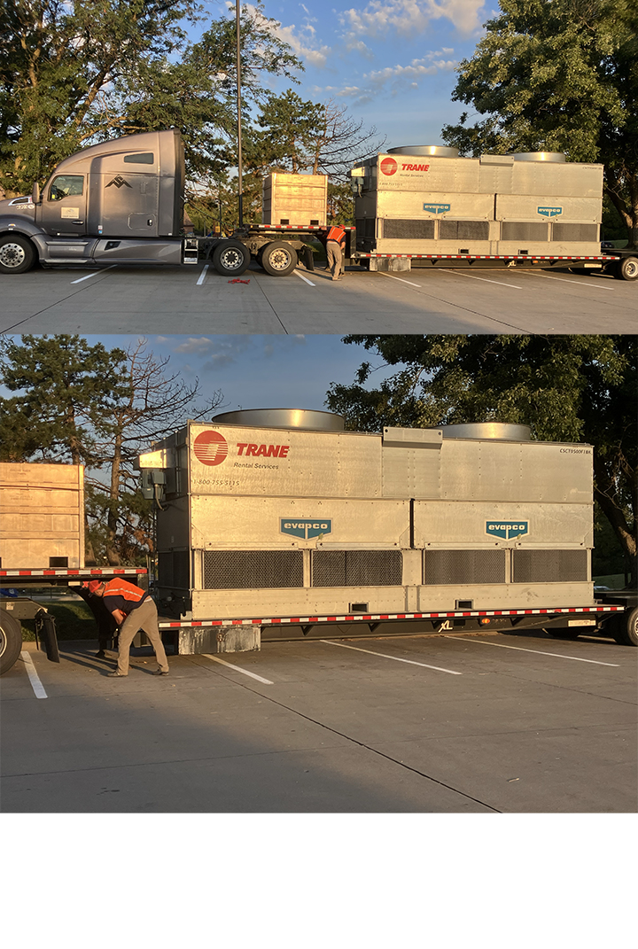 Backup unit arrives in the west lot to be used if the new gearbox fails or more AC issues come up in first week of operation.