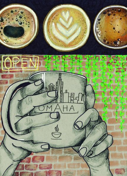 Although the coffee cups appear photorealistic, I used colored pencils and alcohol markers with an earthy color palette to capture the essence of a local coffee shop in Omaha.