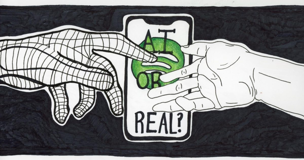 I chose to draw an AI and human hand reaching for each other to represent finding a common ground in which AI is a helpful tool for humanity. I drew with sharpie and a bit of colored pencil for a more simple drawing. 