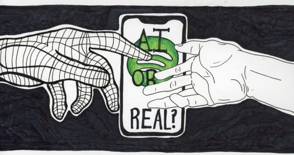 I chose to draw an AI and human hand reaching for each other to represent finding a common ground in which AI is a helpful tool for humanity. I drew with sharpie and a bit of colored pencil for a more simple drawing.