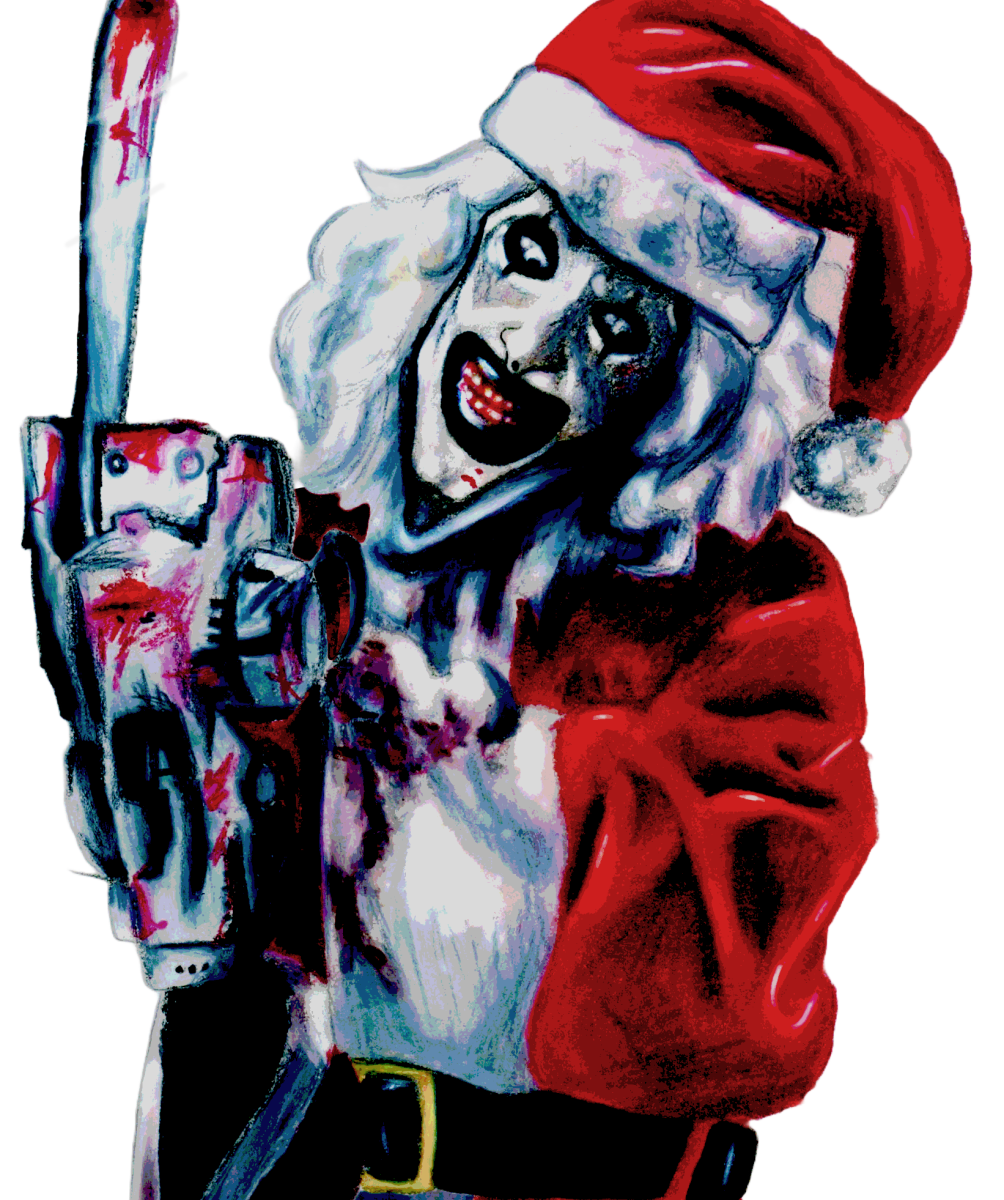 Artist Statement: I drew this in my sketchbook using a scene from Terrifier 3 as my reference. When I finished sketching it with pencil, I used Prismacolors to color it and then I touched it up in Photoshop to try and make it look cooler/creepier.