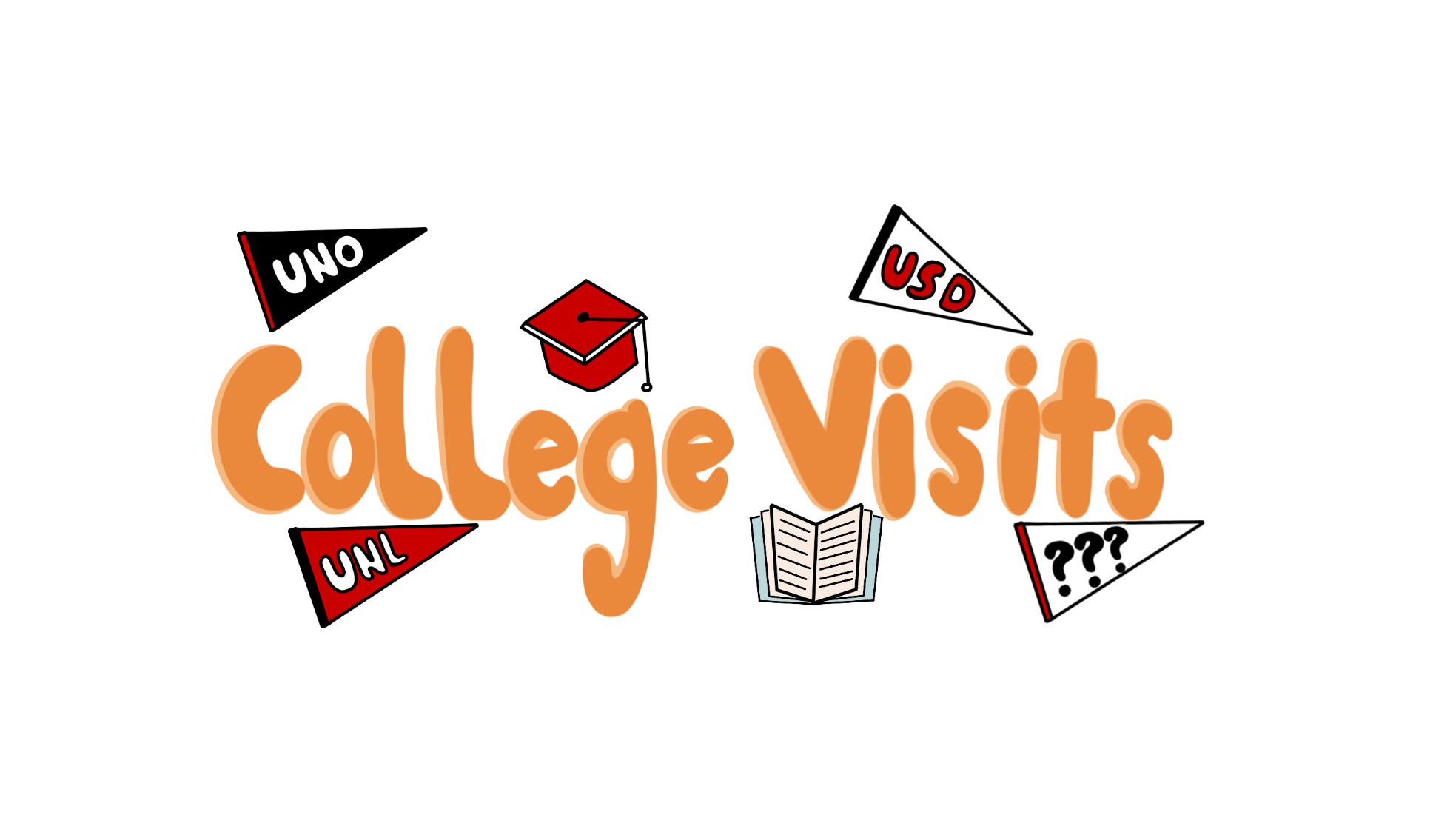 I created this piece in about an hour during class. I loved the idea of a graphic headline and I jumped right on it. I spent around half my time on the lettering just trying to get it right, cycling through many different color combinations before settling on the orange. For the flags I used a combination of the school's colors to bring it all together. With just three of them it felt empty so I decided to add a fourth with question marks to represent the uncertainty of the future. 