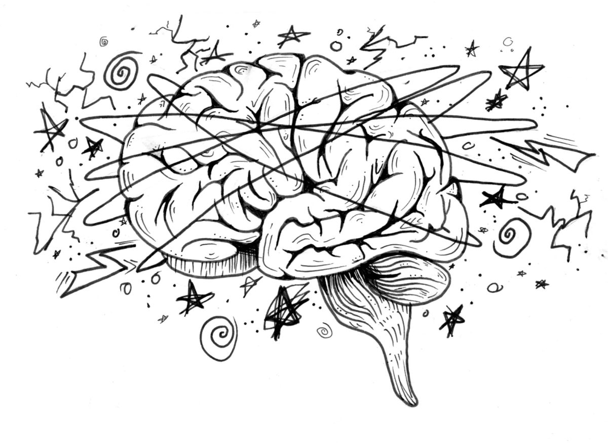 I based this off of when cartoon characters hit their heads and see stars. I wanted to focus more on the brain part of a concussion because it's more of an effect on the inside rather than on the outside. I thought the brain was the most important part to show instead of an actual person. I used line art with black marker to make it feel more like a cartoon. For a reference I looked up a brain to make this as accurate as I could.