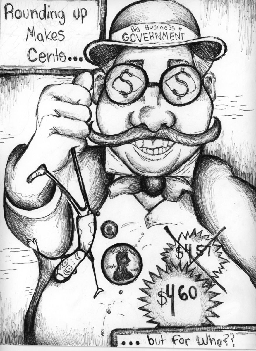 Artist statement: I drew a big businessman shaking out the pockets of an average person to show that removing the penny could be at the expense of the lower class, using a black pen to make it look like a classic cartoon.
