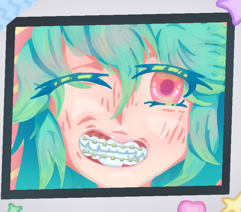 This lasso tool art inspired piece depicts a girl in love with her new braces! The art is full of saturated, unique colors meant to spark excitement and positive vibes to the viewer!