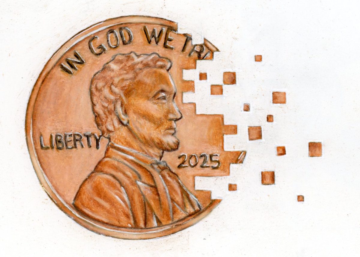 Artist Statement: Since penny's seem to be a treasure in the past, I decided to create this piece of art showing the penny slowly pixilating away. Most forms of currency seem to be digital now. I drew this by hand with colored pencils, and for a reference I used a physical penny. 