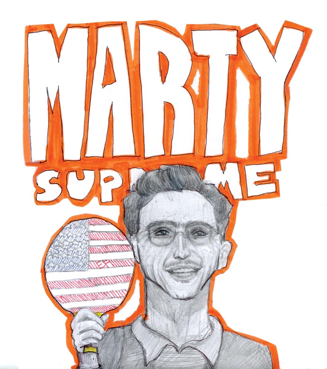 Made with pencil, and marker highlights and collage effects. Slight pen use. Based off the scene from Marty Supreme.