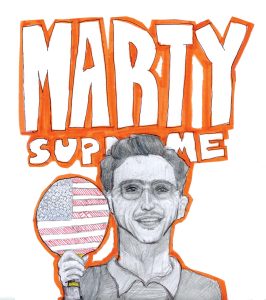 Made with pencil, and marker highlights and collage effects. Slight pen use. Based off the scene from Marty Supreme.