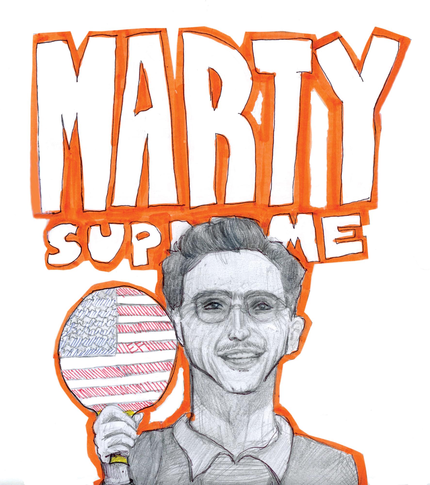 Made with pencil, and marker highlights and collage effects. Slight pen use. Based off the scene from Marty Supreme.