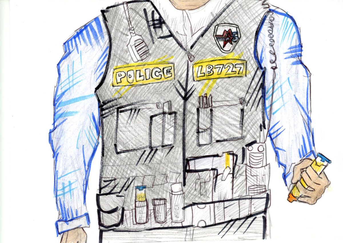 Artist Statement: Hand drawn using markers, pencil, and colored pencils. Referenced NYC police vests and belts.