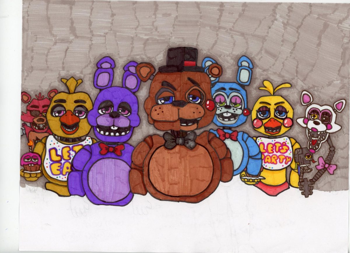 For this art, it was hard to find an initial idea that I wanted to execute, though after looking at several Five Nights at Freddy's 1 & 2 posters, I found that a combination of both would be perfect. I used Crayola markers for this drawing, along with pencil to sketch the bases of each character before coloring in.