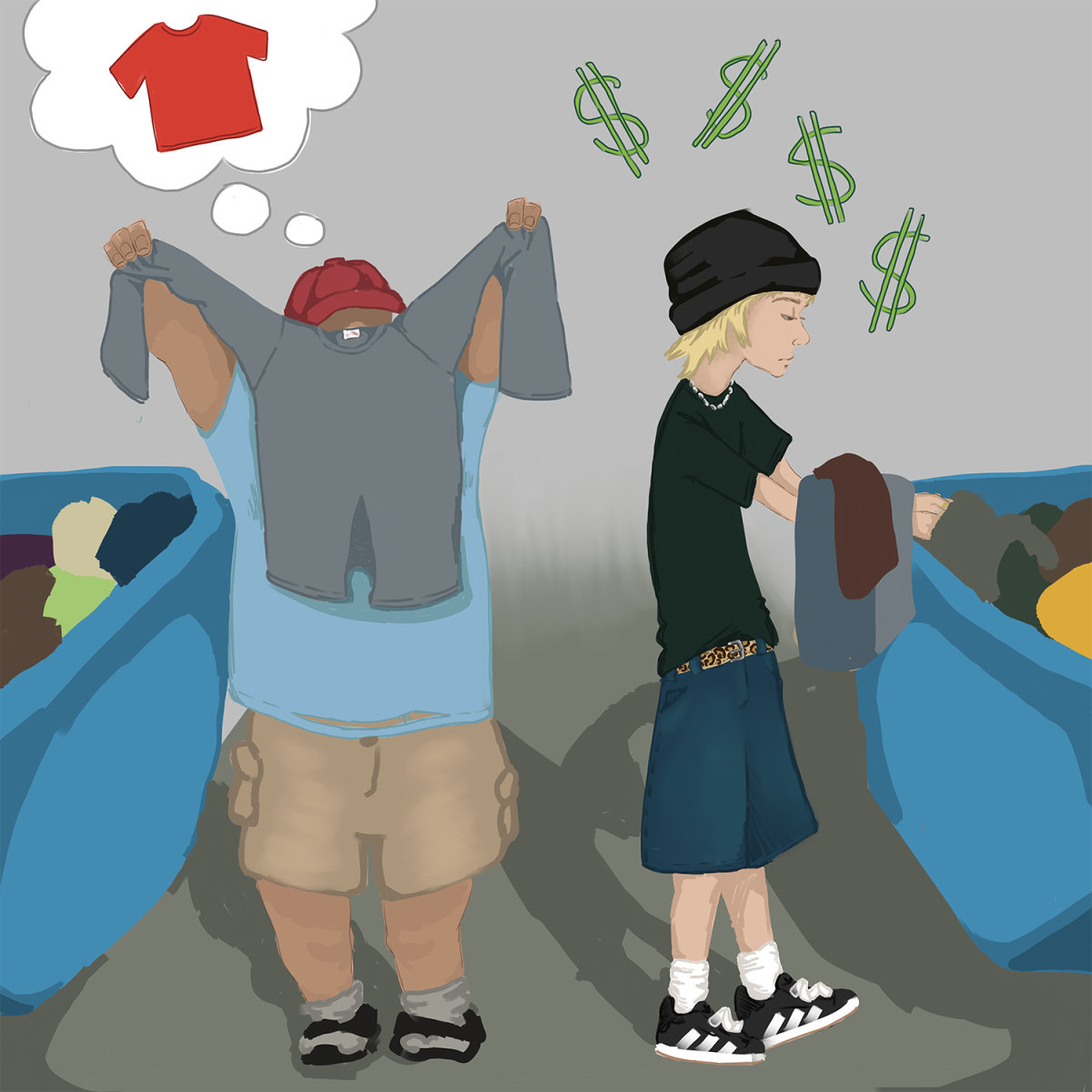 This piece represents the two sides of the same coin: thrifting. The guy on the left is trying to find a solid shirt for work. The guy on the right is digging through the bin, grabbing anything good, only seeing the money he could get from it.