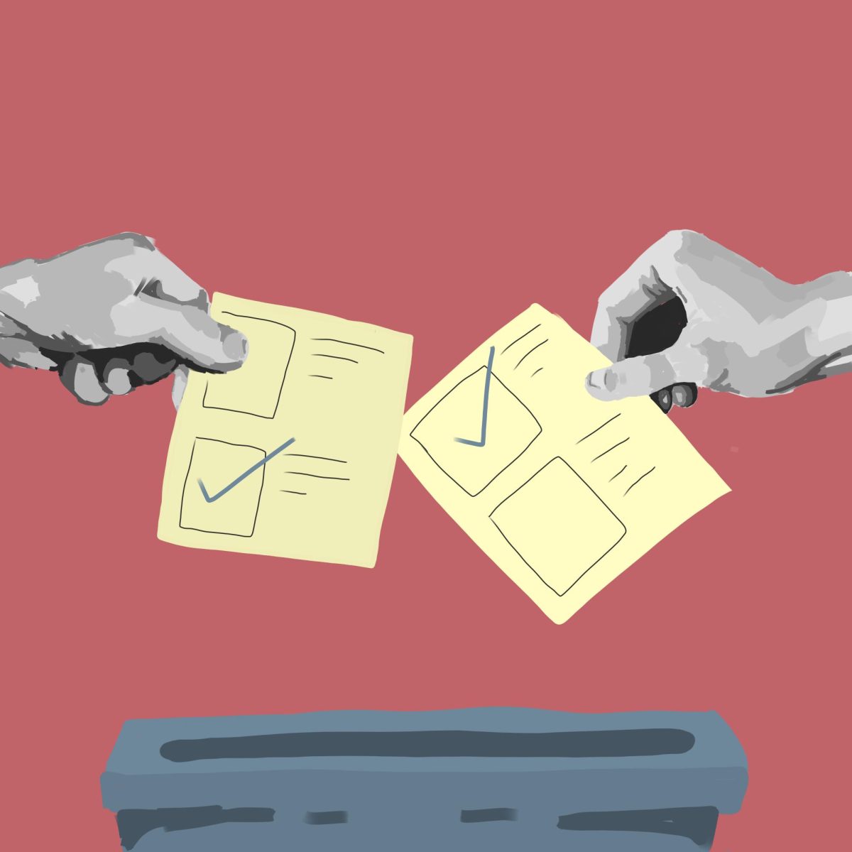 This artwork was made in accompaniment with a story discussing the pros and cons of physical and digital ballots. I was inspired by a clipart piece representing voting as a whole, and my choice of media to represent in my art clearly shows which side I favor. This artworked was made on ProCreate.