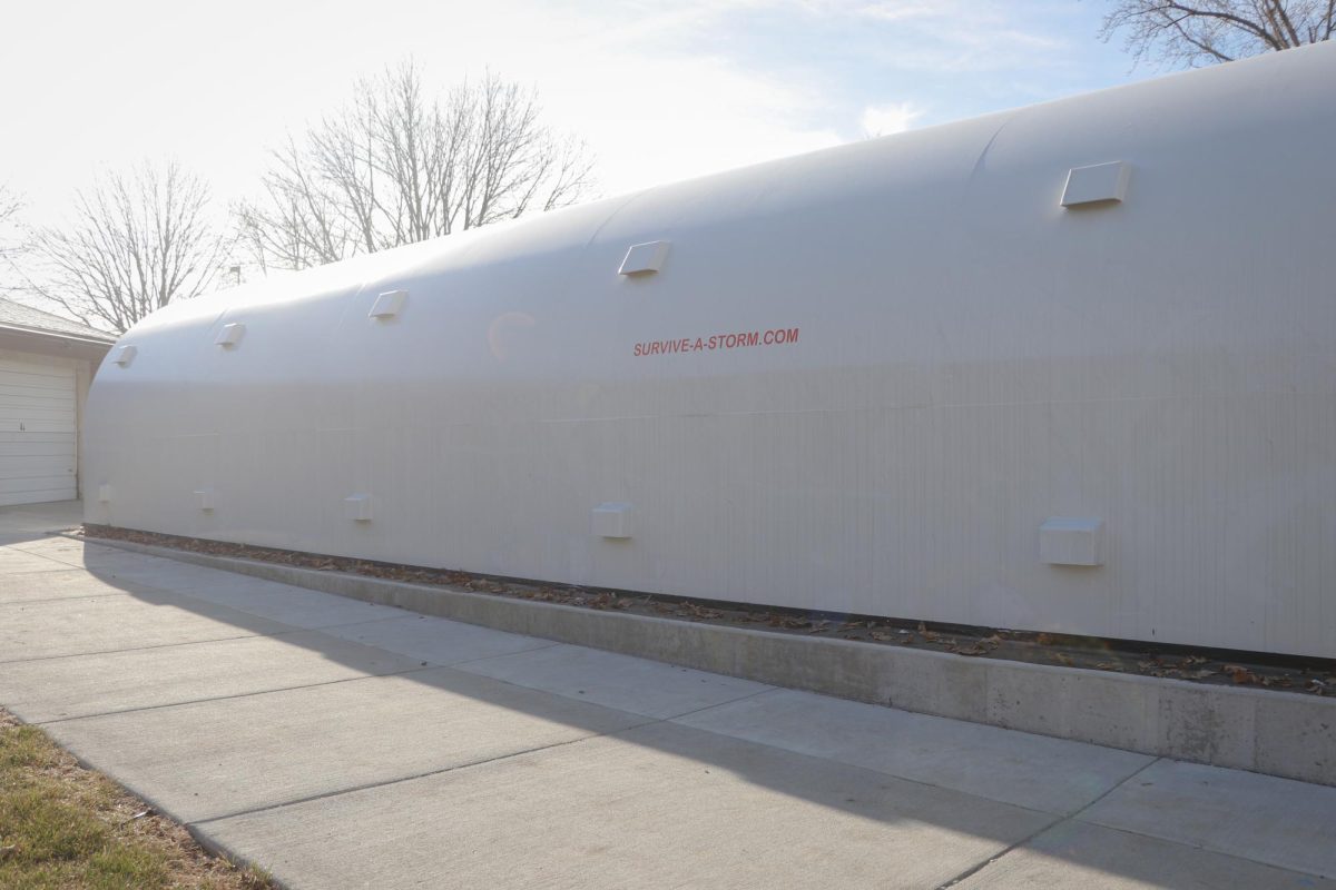 The new storm shelter towers over its surroundings in order to have a higher capacity.