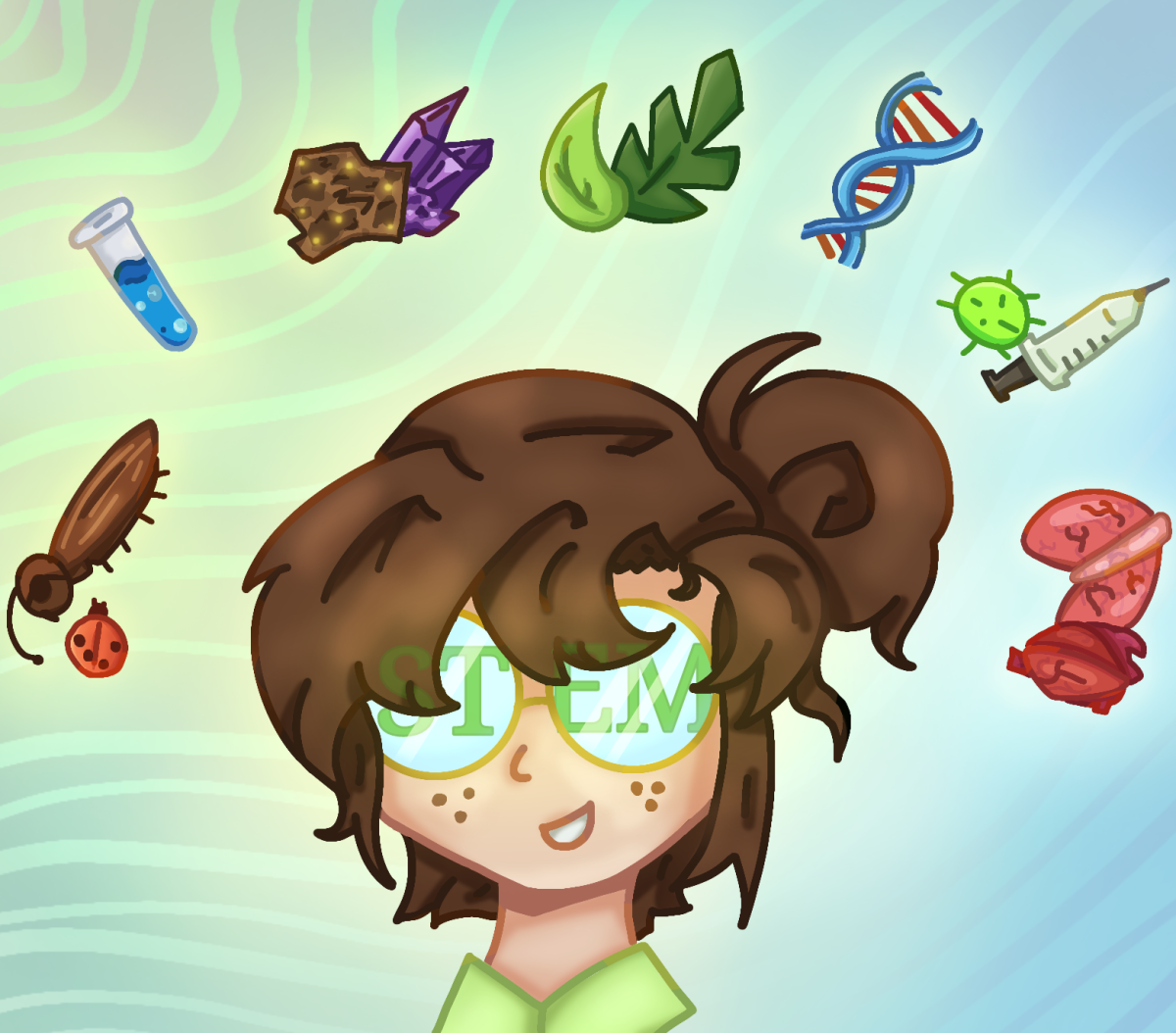 My goal was to represent all the sciences I could think of as there's so many opportunities in Science Olypiad. I showed Etymology, Chemistry, Geology, Botany, Genes/DNA study, Disease study, and Anatomy.