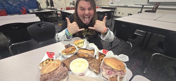 The food (Clockwise from top), deluxe burger, chicken cordon bleu, beef and cheddar, crinkle fries, half pound roast beef, reuben sandwich, white cheddar mac and cheese, curly fries, and the meat mountain.