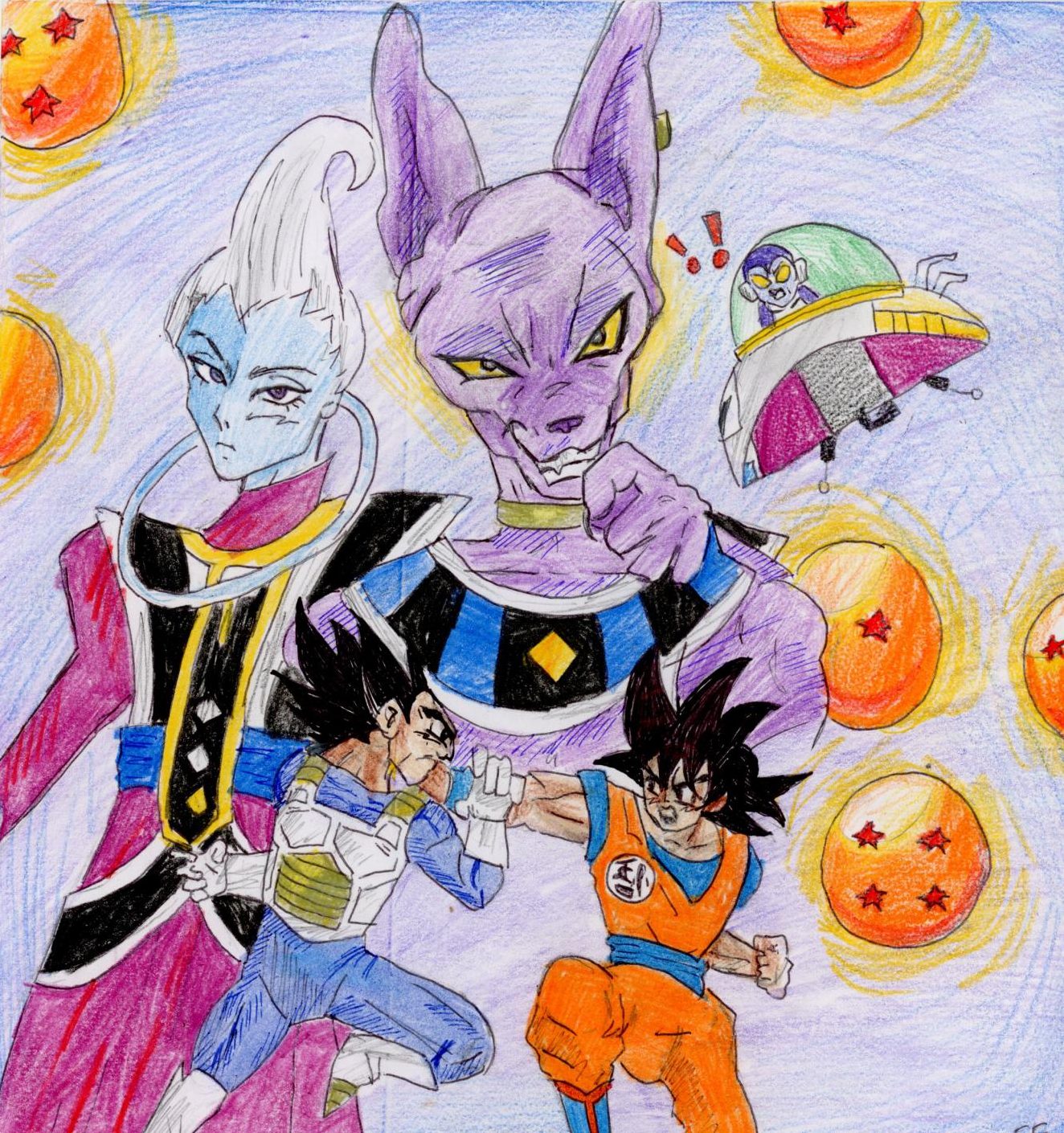 Illustration of a "Movie Poster" esq style, capturing the characters, Beerus, Whis, Goku, Vegeta, and Jaco. I used colored pencils, and pen outline.