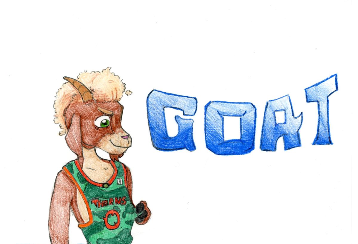 For the Goat text I used a circular piece of paper to perfect the curve of the letters and colored pencils for the shading. For the center piece of the art I used colored pencils for coloring and pencil for an outline.